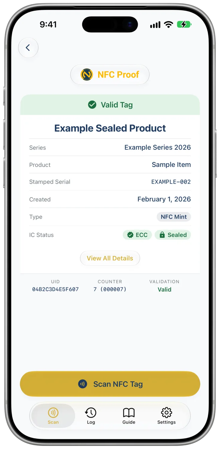 The NFC Proof app: tamper status read straight from the chip