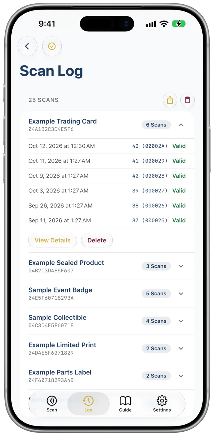 The NFC Proof app: every scan, kept in the log