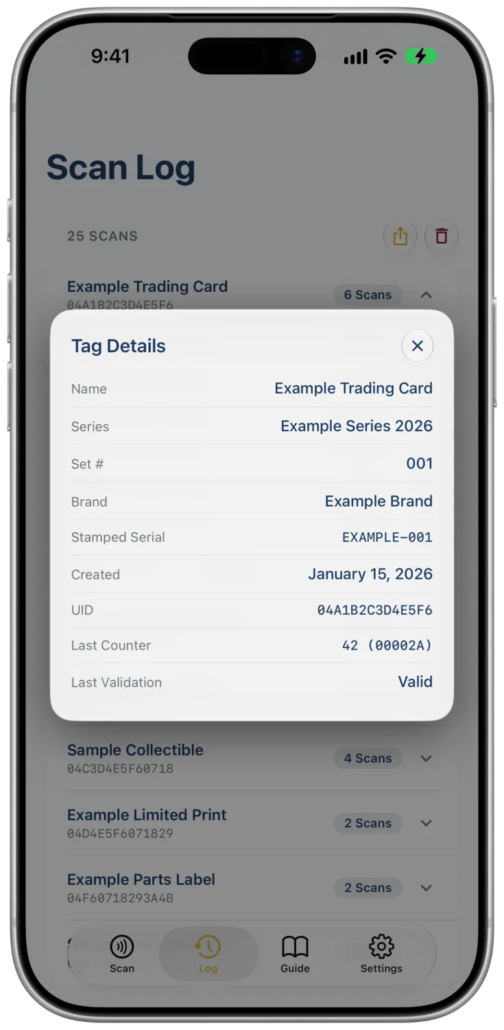 The NFC Proof app: the full detail behind one scan