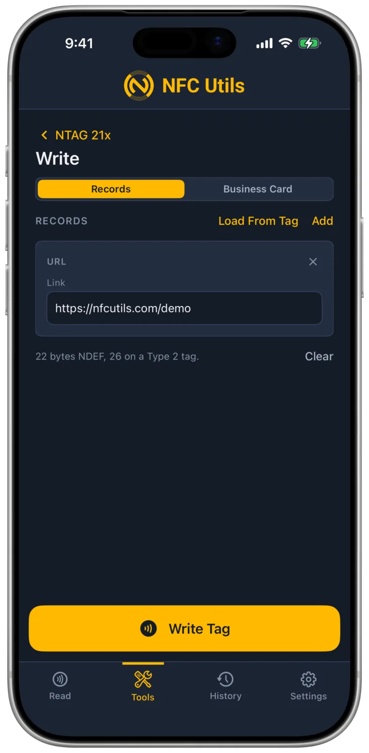 NFC Utils showing NFC tag editing tools.