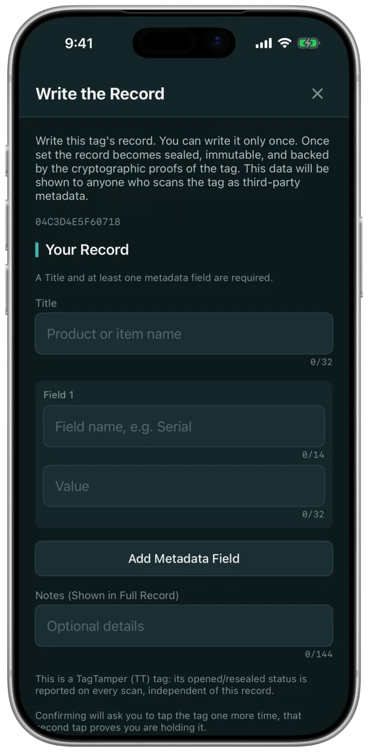 The OnceMark app: writing the permanent product record