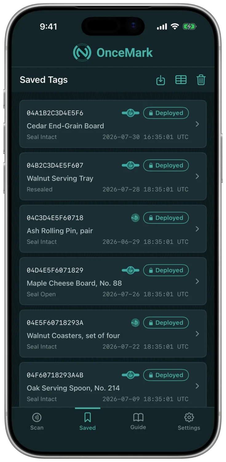 The OnceMark app: every tag you have issued