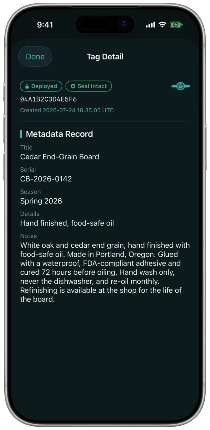 The OnceMark app: what a buyer sees on scan