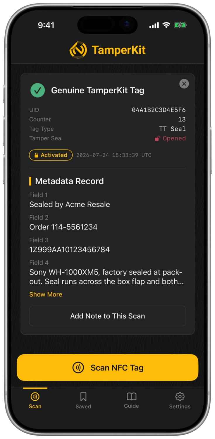 The TamperKit app: the same seal, opened and recorded